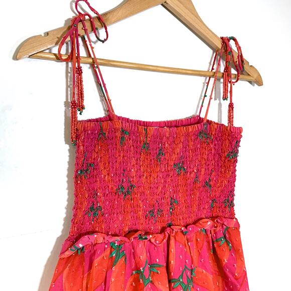 Farm Rio Red Pepper Smocked Tie Ruffle Hem Beaded Strap Dress Red Small - Picture 4 of 14